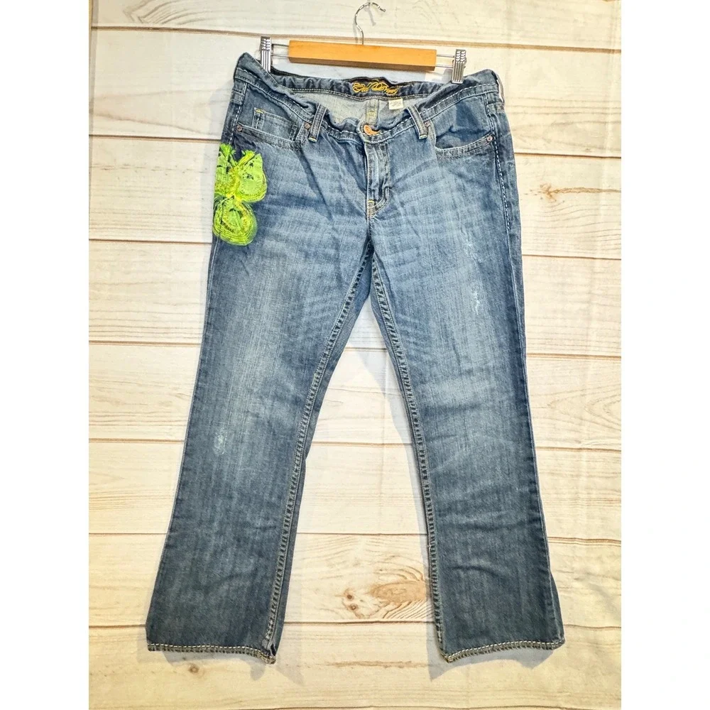 NWOT Old Navy Women's‎ Size 12 Bootcut Jeans Neon Green Paint Embellishment Y2K